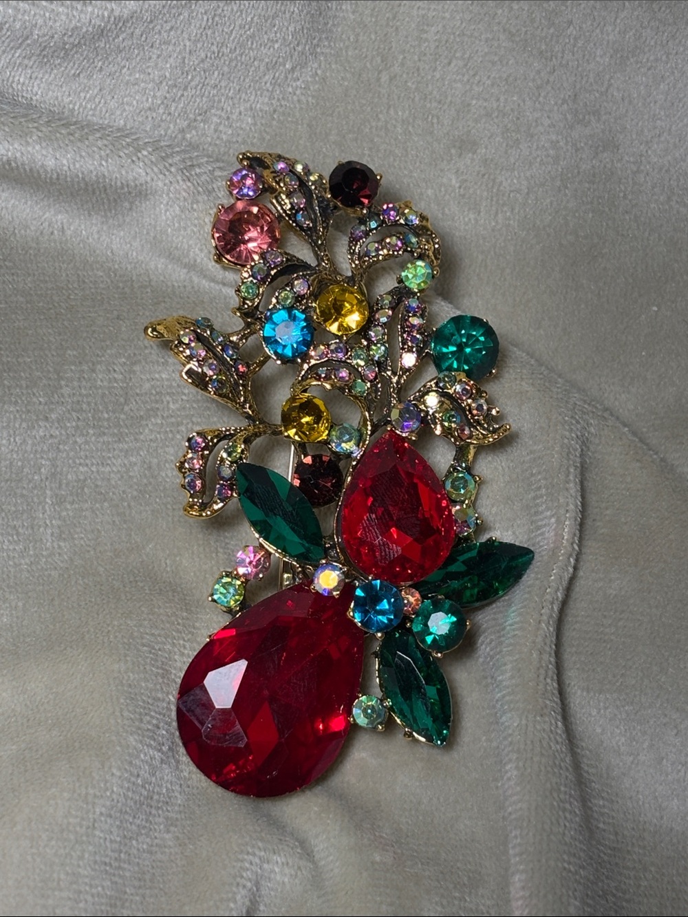 Elegant Multicolor Crystal Floral Brooch - Red & Green